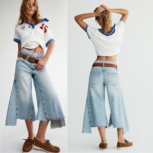 Free People Ripple Wide Leg Crop Jeans Light Wash  Size 26 L Culottes Retro 70s